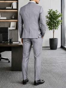 Men's Two-Piece Suit Plus Sizes One-Button, Pants Jacket And Belt Included In Plain Color, Ideal For Weddings Formal Events And Office. - Grey - View 2