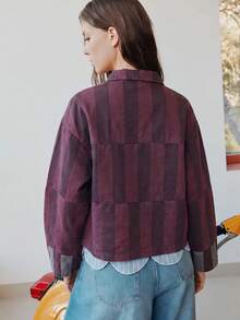 Nöista 女款條紋短版夾克，暖粉色與鐵鏽色調，對比色貼袋口袋，夏季款 - 彩色 - 查看 2