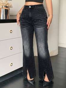 Dazy Plus Plus Size Women's Casual Versatile Daily Flare Jeans With Pockets And Buttons Fall - Black - View 2