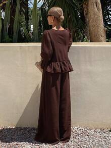 Livesso Women's Textured Tie-Front Ruffle Hem Blouse And Loose Long Pants 2 Pieces Set - Khaki - View 2
