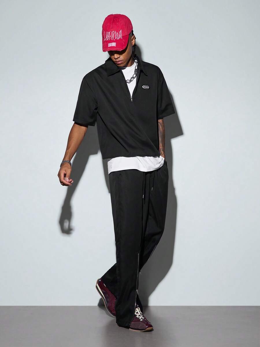 Modcrash Mens Colorblock Polo Shirt And Pants Set, Short Sleeve Half Zip Top With Long Zipper Pants For Spring Summer - Black - View 1