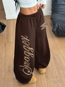 SHEIN Celana Jogging Longgar Kasual Minimalis Nyaman Pinggang Tengah Motif Huruf Kaki Lebar untuk Anak Perempuan Remaja - Coklat - View 2