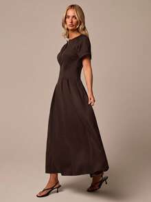 COSMINA Women's Casual Elegant Cinched Waist Deep Blue Commuter Dress - Brown - View 5