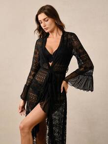 Hourtrue Bata de dormir sexy casual para mujer con encaje y volantes para el hogar - Negro - Ver 5