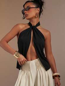 Hauture Women's Sexy Abstract Print Halter Neck Backless Linen Top - Black - View 2