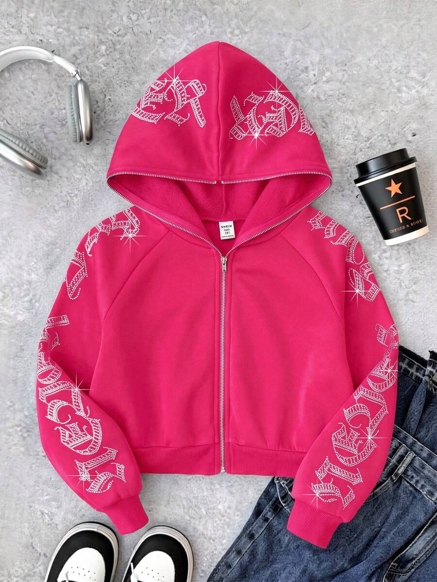 SHEIN 青少年女孩哥德風文字水鑽鑲嵌短版拉鍊連帽衛衣，秋冬長袖上衣，畢業穿搭，開學穿搭 - 玫紅色 - 查看 1