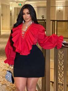 NU&NOW Vintage Burgundy Ruffle V-Neck Tie Petal Sleeve Shirt Dress Fall - Multicolor - View 2
