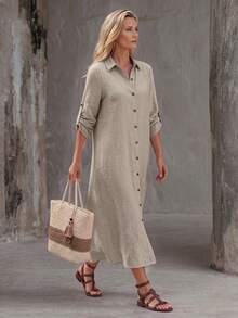 Faunlyn Women's Mid-Length Single-Breasted Short Sleeve Shirt Dress - Khaki - View 5