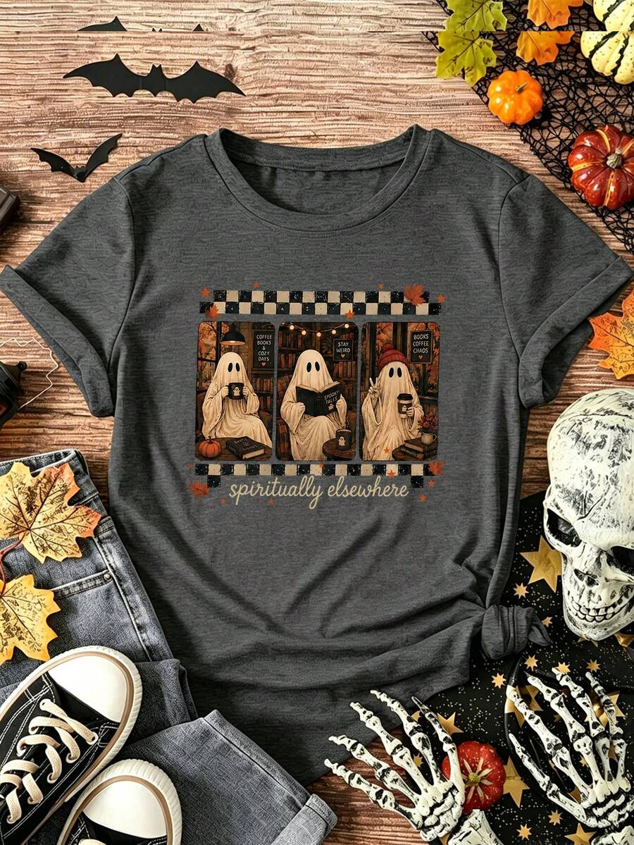 EMERY ROSE Halloween Ghost Print Crew Neck Short Sleeve T-Shirt - Dark Grey - View 1