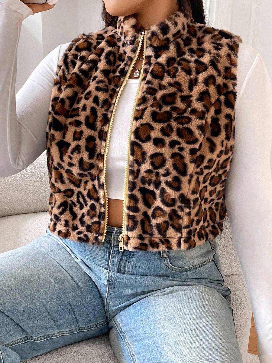SHEIN EZwear 大码女式简约日常无袖豹纹背心夹克,冬季 - 彩色 - 查看 1