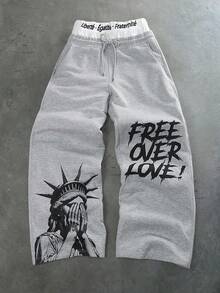 PAVTROS Men's Slogan Print Drawstring Waist Loose Casual Sweatpants - Grey - View 1