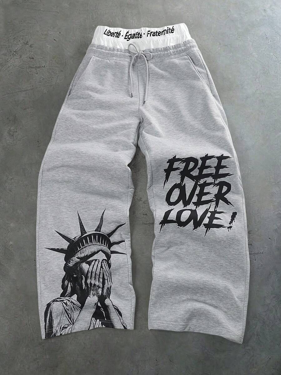 PAVTROS Men's Slogan Print Drawstring Waist Loose Casual Sweatpants - Grey - View 1