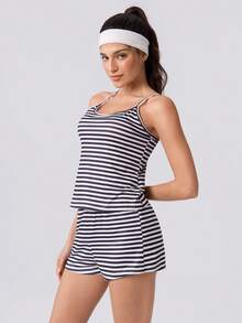 Loungeista Women's Casual Black & White Striped Print Camisole Pajama Set - Multicolor - View 5