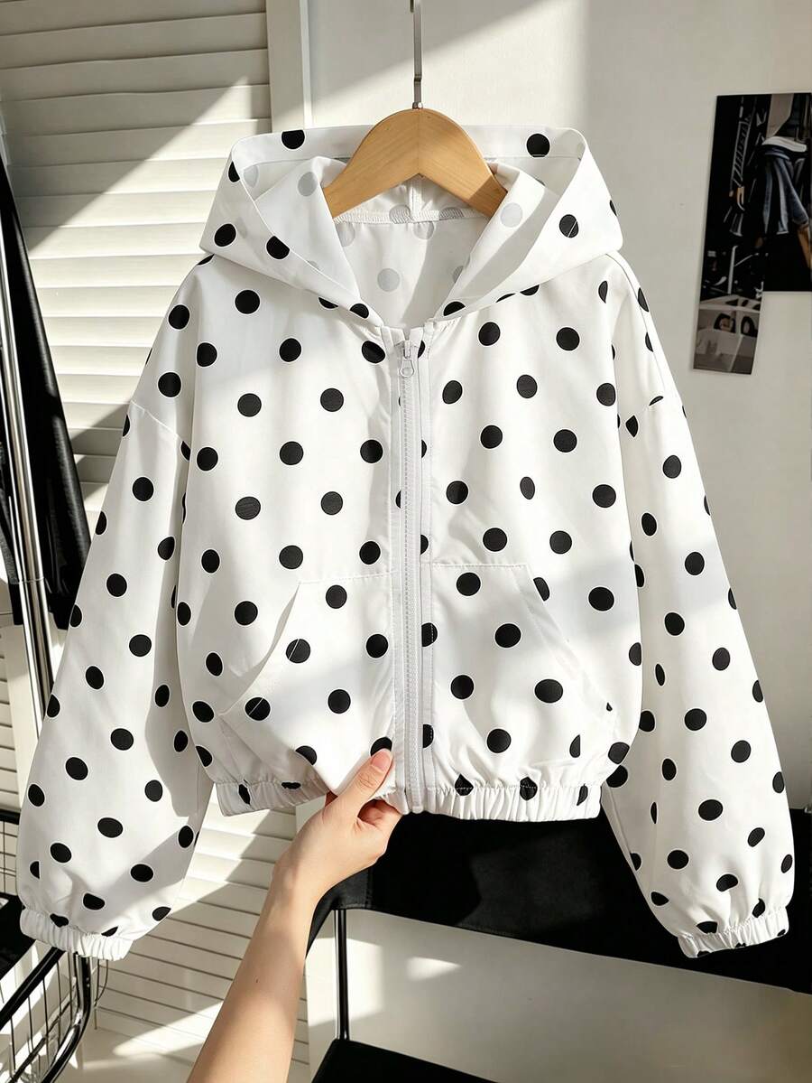 SHEIN 青少年女孩復古黑白波點連帽夾克,寬鬆版型,連帽拉鍊開襟,極簡風運動校園春季外套 - 白色 - 查看 1
