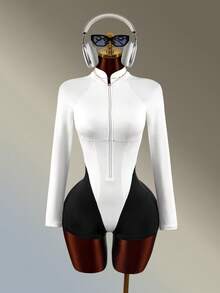 Amplova Colorblock Patchwork Backless Sports Romper Black And White Color-Blocked Long-Sleeved Backless Jumpsuit For Fitness, Running, And Casual Style Sexy - Black and White - View 4