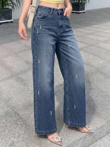 DAZY Women's High Waist Wide Leg Washed Rhinestone Thermal Lined Denim Jeans Casual Style Winter Fall - Dark Wash - View 4