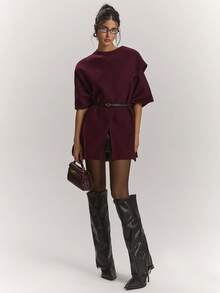 SHEIN BAE Women Deep Burgundy Wool Blend Cropped Jacket With Asymmetric Panel Design, Round Neck Oversized Coat With Belt, Elegant Chic For Office & Art Events - Burgundy - View 3