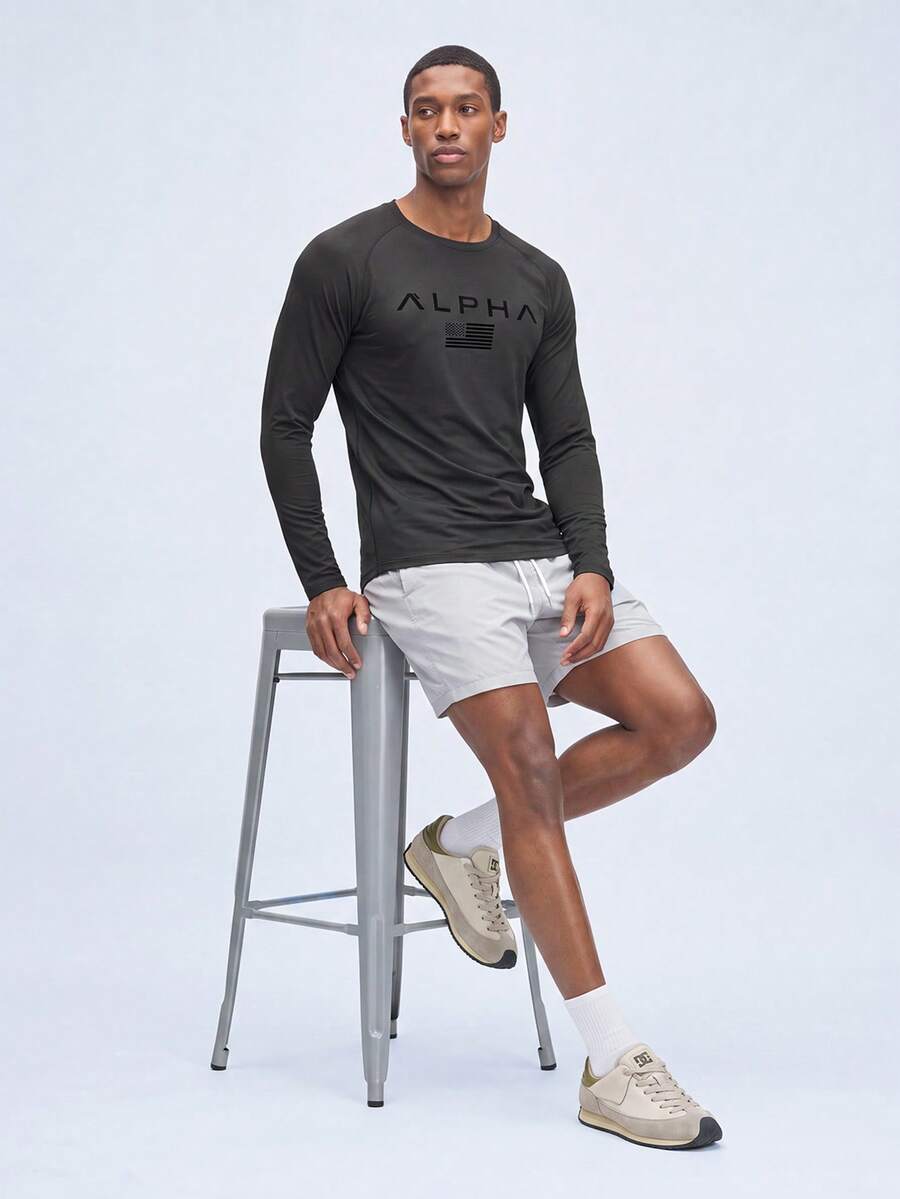 Nelvento Soul Men Black Letter Graphic Raglan Sleeve Sports Tee,Summer Athleisure Gym Workout Tops,Long Sleeve Breathable Fitted Crew Neck Compression T-Shirt - Black - View 1