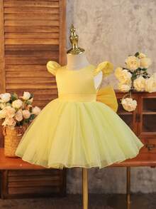 SHEIN Glamorique Kids 女嬰淺黃色網紗荷葉袖蓬蓬裙禮服，保守圓領芭蕾舞裙幼兒洋裝，適合婚禮、夏季生日派對、鋼琴表演，短版 - 黃色 - 查看 2