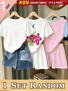 (1 Set Random) Girls' Floral Green Pink Blue Colorblock Thin Pink Horizontal Striped Blue Patchwork Basic Short T-Shirt And Shorts 2 Pieces Set - Multicolor - View 2
