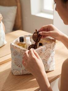 1pc Portable Cosmetic Bag, Ocean Series Shell & Starfish Pattern Double-Sided Print, Travel Zipper Makeup Pouch, Multi-Function Toiletry Storage Bag - Multicolor - View 1