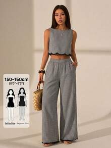 SHEIN PETITE 女款黑白格紋夏季兩件套，圓領背心上衣搭配鬆緊腰長褲，優雅度假茶會休閒穿搭，適合嬌小女性 - 黑與白 - 查看 2