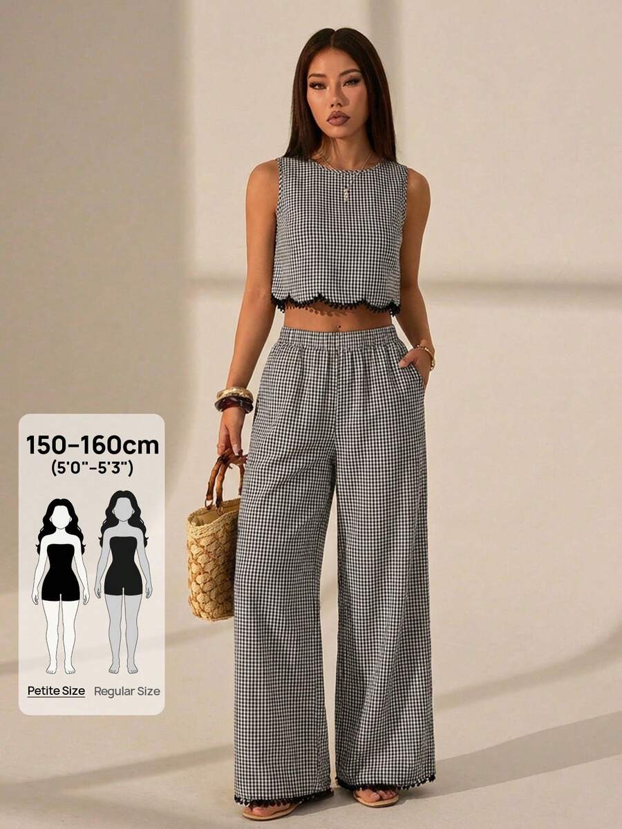 SHEIN PETITE 女款黑白格紋夏季兩件套，圓領背心上衣搭配鬆緊腰長褲，優雅度假茶會休閒穿搭，適合嬌小女性