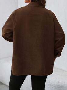 SHEIN LUNE 大尺碼女款素色單排扣休閒日常長袖夾克 - 棕色 - 查看 2