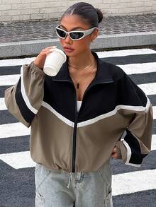 DAZY Women's Patchwork Contrast Color Loose Long Sleeve Casual Sports Vacation Spring Autumn Jacket - Green - View 1