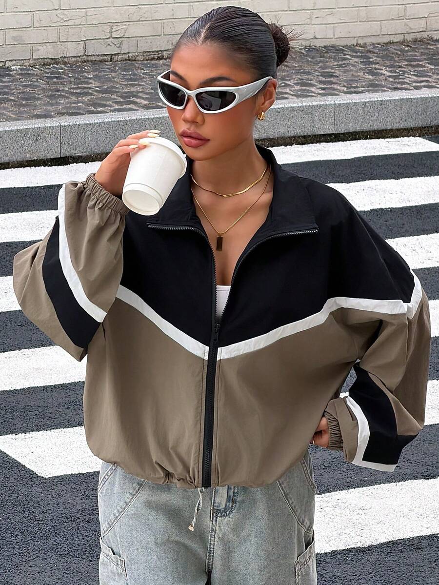 DAZY Women's Patchwork Contrast Color Loose Long Sleeve Casual Sports Vacation Spring Autumn Jacket - Green - View 1