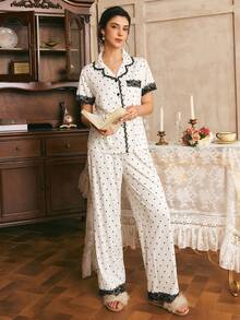 Côtesoire French Elegant Polka Dot Print Knit Fabric, Contrast Color Lace Patchwork Short Sleeve Long Pants Women's Pajama Set - Black and White - View 1