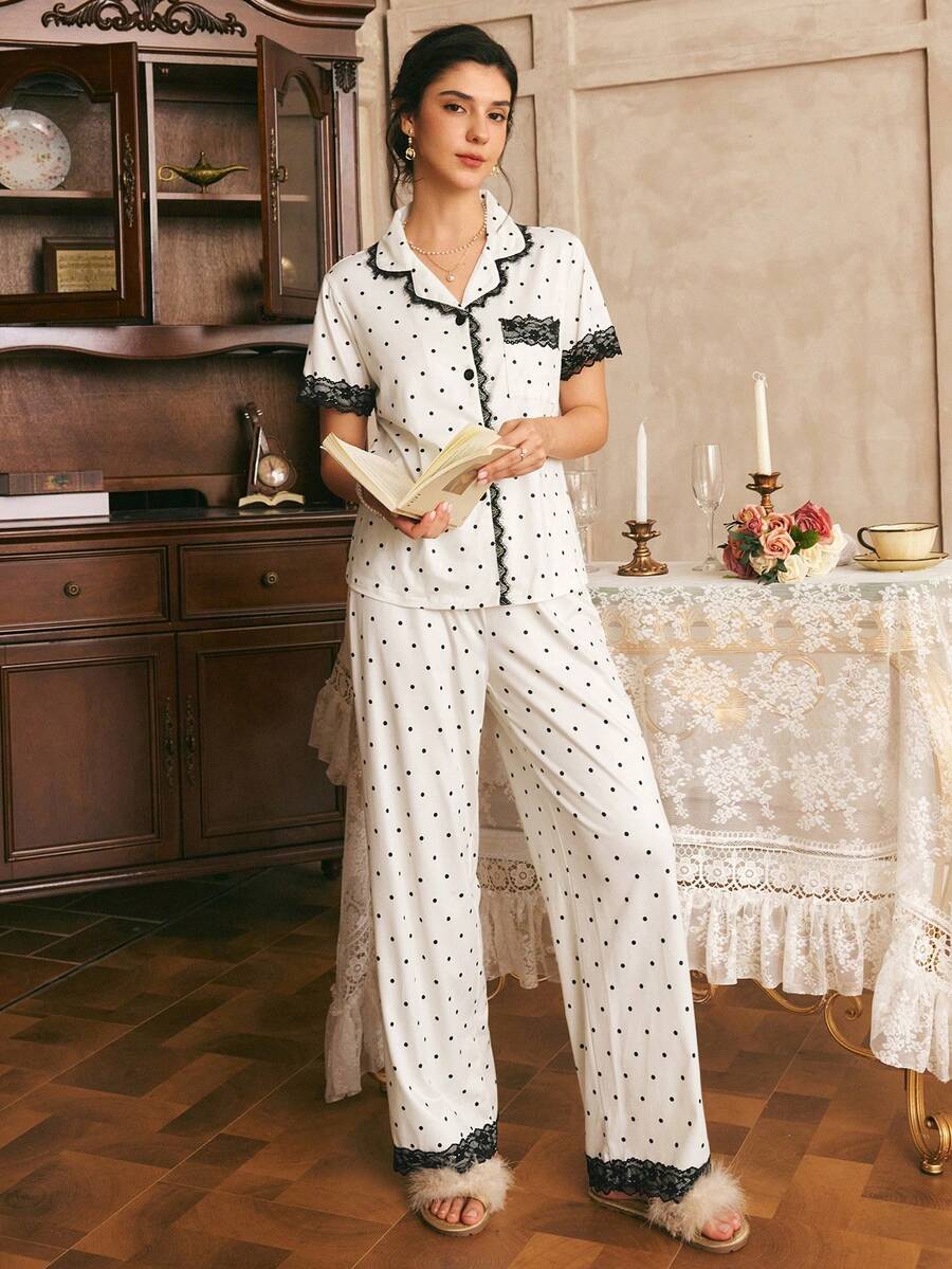 Côtesoire French Elegant Polka Dot Print Knit Fabric, Contrast Color Lace Patchwork Short Sleeve Long Pants Women's Pajama Set - Black and White - View 1