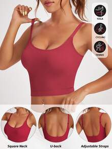 Solea Cove Women's Solid Color Ribbed Fitted Strap Sports Tank Top - Red - View 2