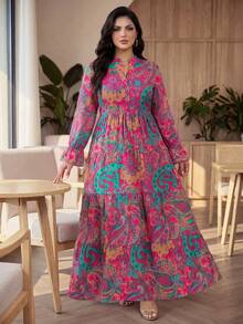 Auveirra Gaun Liburan Elegan Lengan Panjang Leher V Motif Bunga untuk Wanita Ukuran Plus (Musim Gugur) - MultiWarna - View 3