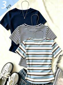 (3 Pcs) Summer Girls Big Kids Fashion Minimalist Blue Brown White Striped White Navy Striped Navy Solid Color Basic Waist Ruched Short Sleeve T-Shirt - Multicolor - View 2