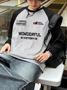 DAZY Spring/Autumn Long Sleeve Black & Gray Raglan Sleeve Brown Letter Print Crew Neck Loose Fit Men's T-Shirt - Multicolor - View 5