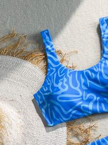 SHEIN Swim Mod 女款度假海灘全印花泳衣套裝 - 藍色 - 查看 6