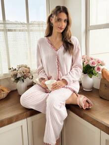 Snug Reverie Women's Autumn/Winter Plush Embroidered Lace Trim Double Pocket Open Front Long Sleeve Pants Pajama Set - Pink - View 4