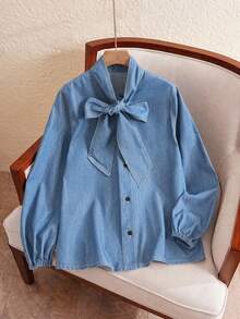 EMERY ROSE EMERY ROSE Women's Tie Neck Long Sleeve Casual Single-Breasted Denim Shirt - Light Wash - View 1
