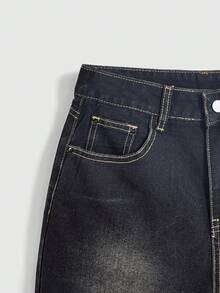 ROMWE Dark Grey Pocket Rhinestone Cursive Letter Print Casual Y2k Streetwear Daily Women's Jeans Everyday Going Out Summer - Black - View 3