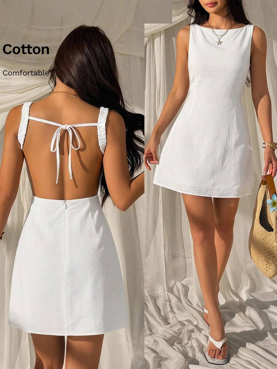 SHEIN EZwear 95%纯棉性感露背迷你连衣裙,夏季必备,适合日常通勤、约会、派对、圣诞节、新年、感恩节、婚礼、海滩、毕业典礼等场合,时尚优雅,休闲百搭,适合外出、约会、预订、通勤、情人节、度假、Y2K 等场合。 - 白色 - 查看 1