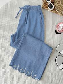 SHEIN Tween Girls' Embroidered Drawstring Waist Curved Hem Pocket Denim Jeans - Light Wash - View 4