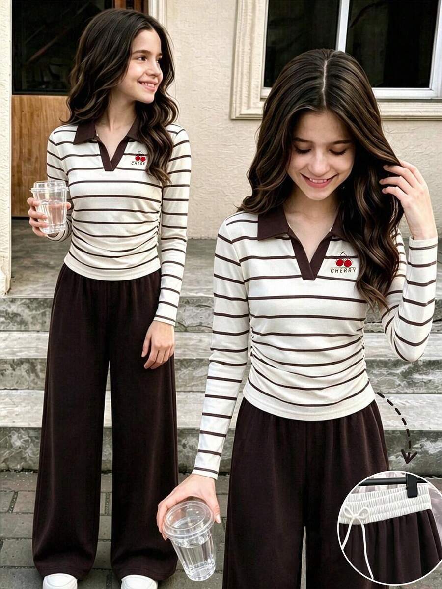 SHEIN Explorewe Teen Girl Autumn Casual Striped T-Shirt And Long Pants Set - Multicolor - View 1