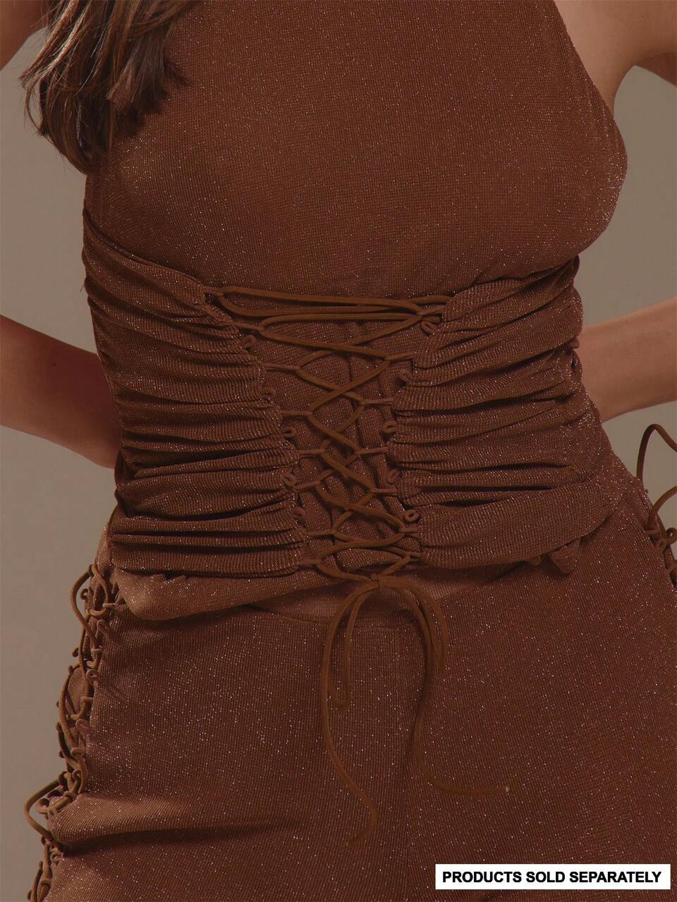 Brown Woven Lace Up Halterneck Top