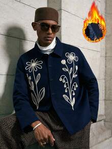AKNOTIC Men's Floral Embroidered Pattern Casual Versatile Daily Wear Winter Long Sleeve Jacket - Blue - View 8