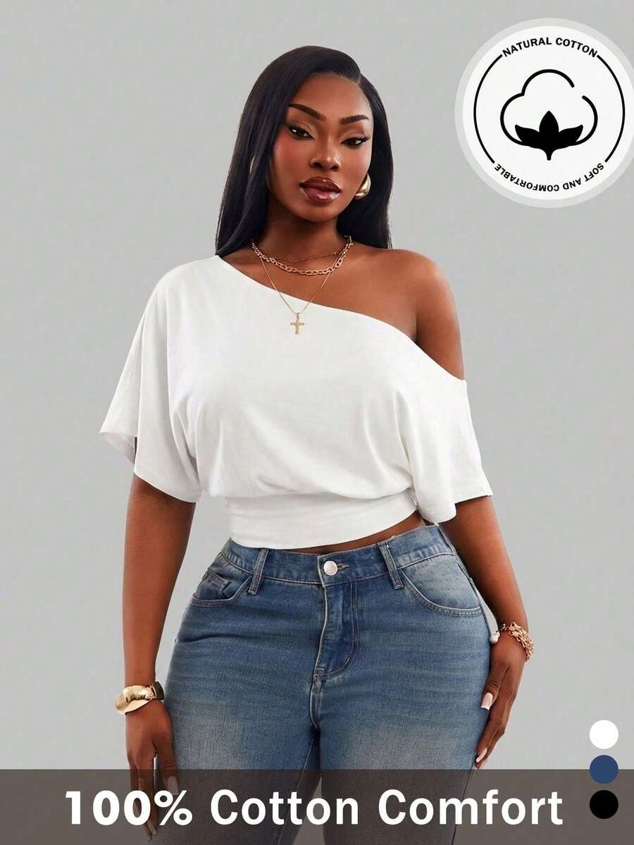 Radiana Comfortable White One Shoulder Short Sleeve Crop Top For Women Formal Summer Casual - White - View 1