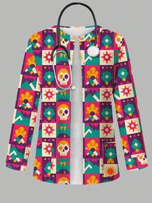 PopScrub Jaket Seragam Perawat Motif Tengkorak Blok Geometris Warna Pink, Kardigan Leher Bulat Mode Musim Semi/Gugur dengan Desain Tali Telinga, Atasan Seragam Perawat Wanita, Hari Orang Mati - MultiWarna - View 1