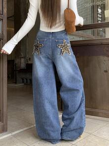 DAZY Women's Casual Daily Denim Jeans With Pocket, Button And Patchwork Fall - Blue - View 5