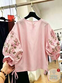 SHEIN Franclia 女款甜美風粉色圓領泡泡袖上衣，花卉印花寬鬆抽繩短版上衣 - 粉色 - 查看 2