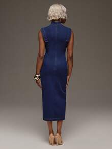 Normani Women's Fall Fashion Frog Button Slit Slim Fit Denim Dress Dinner Everyday Party Navy Blue Elegant Retro - Dark Wash - View 3